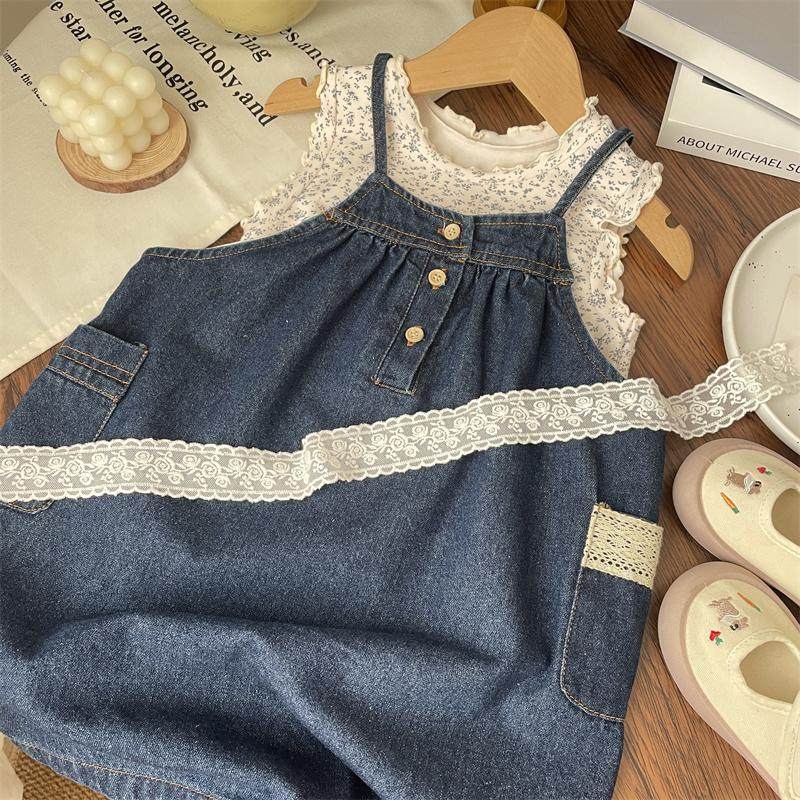 韩范夏装女童蓝色牛仔吊带裙宝宝背带裙儿童连衣裙洋气裙子背心裙