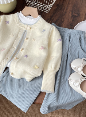 秋季女童宝宝儿童小蝴蝶结钩花针织开衫泡泡袖毛衣外套小童女紫色