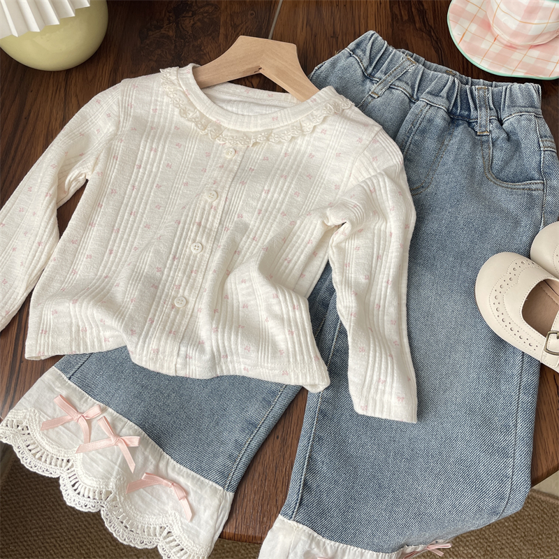 2025秋季女宝粉色小碎花花边领打底衫女童长袖t恤儿童上衣甜美女