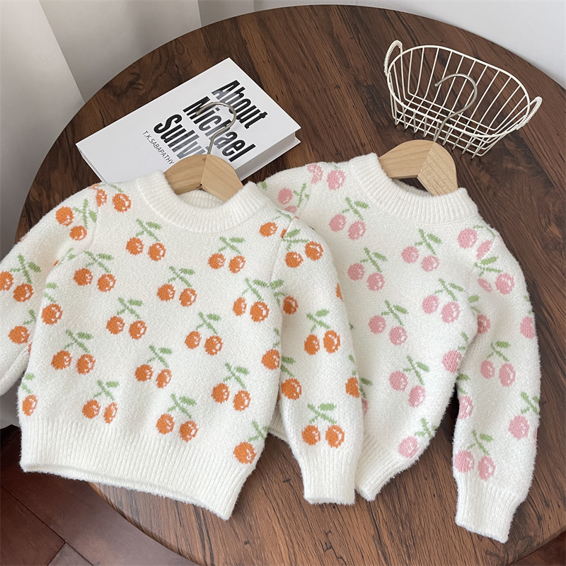 樱桃提花水貂绒毛衣加厚加绒开衫