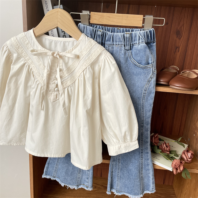 蓝色拼接牛仔喇叭裤简约休闲裤