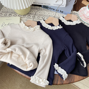 秋冬女童蕾丝花边半高领加绒打底衫宝宝加厚公主保暖上衣儿童内搭