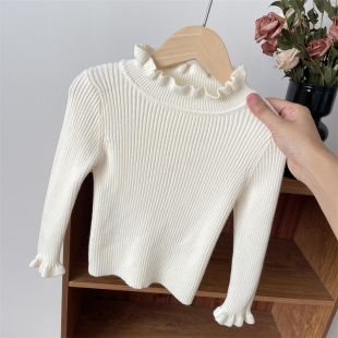 秋冬女童木耳边领坑条针织打底衫 3岁 宝宝弹力毛衣儿童内搭上衣1