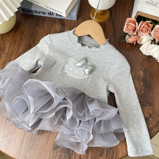 秋季女童立体蝴蝶结kt蛋糕纱纱裙式下摆长袖t恤宝宝儿童公主上衣