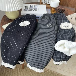 冬季女宝蕾丝花边拼接条纹加绒灯笼裤女童加厚格子休闲裤儿童裤子
