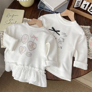 秋冬女童蝴蝶结kt印花中长款抓绒t恤打底衫宝宝加绒保暖上衣儿童