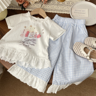 t恤宝宝中长款 女童蕾丝花边卡通印花裙式 上衣儿童女 夏装 韩范童装