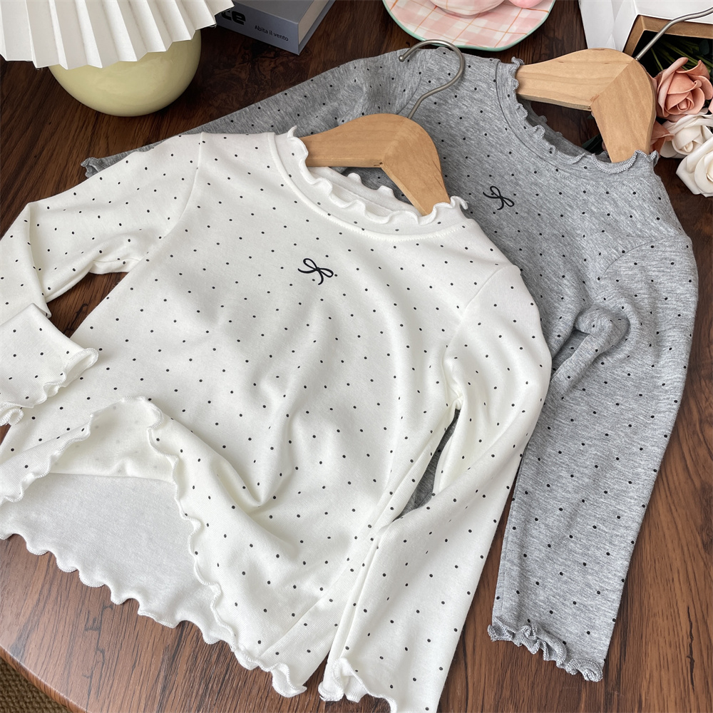 秋装女童波点木耳边领蝴蝶结印花打底衫宝宝长袖t恤儿童上衣