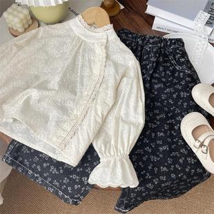 森系文艺风春装宝宝斜门襟蕾丝边立领衬衫女童衬衣儿童打底衫上衣