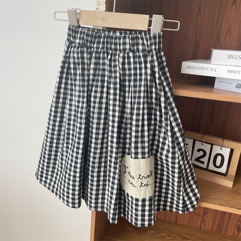 森系女童秋新品2025百搭时尚裙子宝宝儿童黑白格子贴布双层半身裙