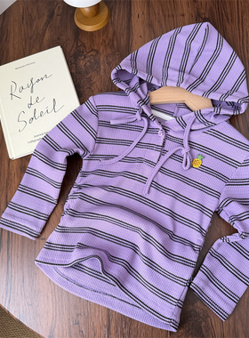 2026春秋女童紫色条纹菠萝连帽休闲卫衣宝宝儿童帽衫上衣洋气小童