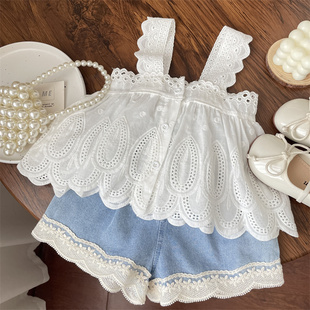 夏天白色百搭款小宝穿韩系女童宝宝夏天蕾丝吊带衫娃娃衫背心上衣