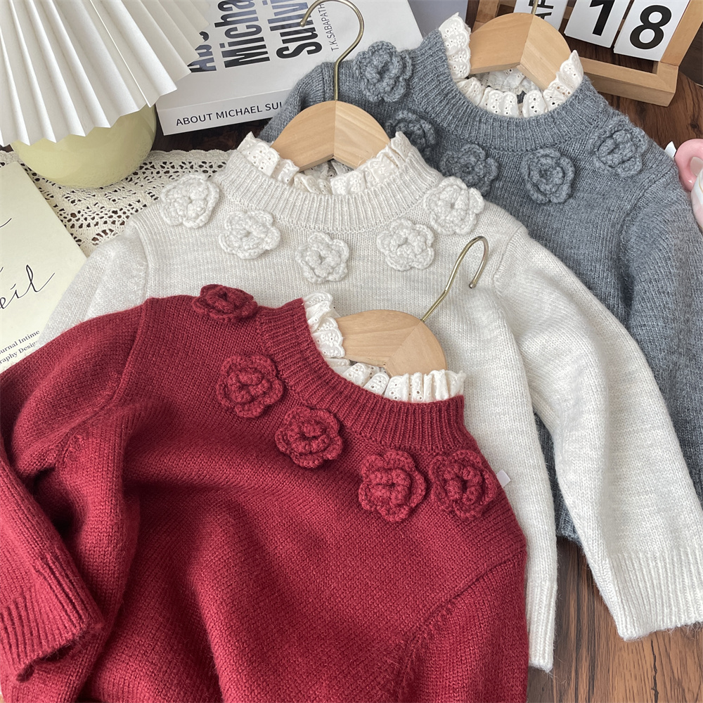 2025秋冬女童手工花朵蕾丝花边针织套头毛衣宝宝韩系打底衫儿童女