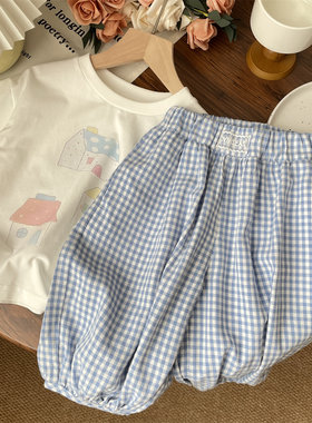 韩范夏季女宝蓝色格子贴布灯笼裤女童宽松防蚊裤儿童幼儿园裤子潮