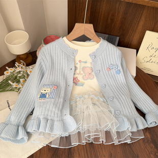 韩系春季女童小熊印花网纱拼接长袖t恤宝宝公主上衣儿童打底衫女