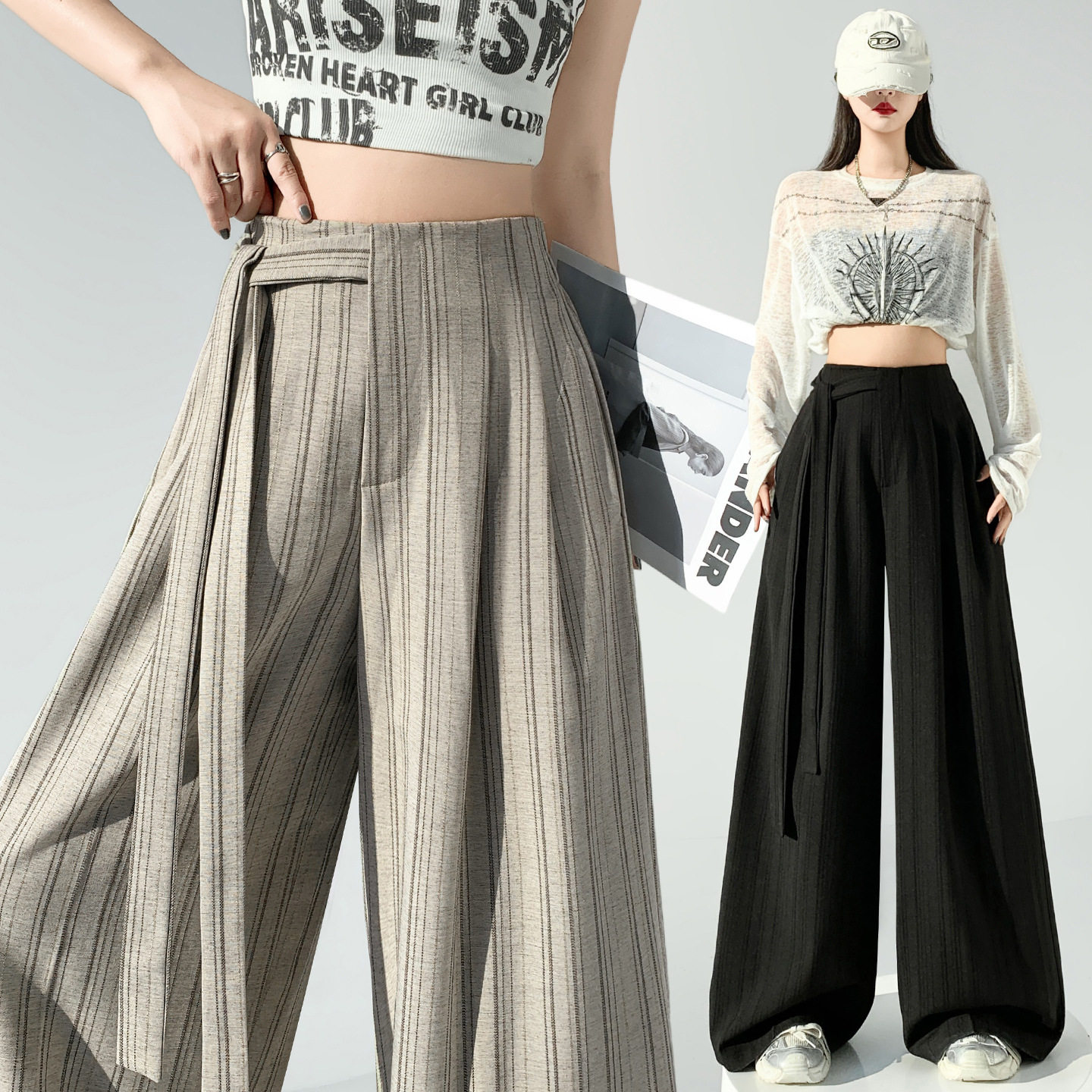 春季条纹阔腿西装裤女2026新款高腰显瘦百搭垂感拖地直筒休闲裤子,女装/女士精品,休闲裤,淘宝优惠券,粉丝福利购,淘宝优惠卷