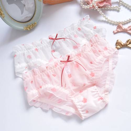 日系印花透明荷叶边甜美三角内裤