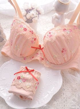 包邮橘色日系内衣无海绵薄罩杯刺绣可爱少女文胸套装BCDEF罩杯