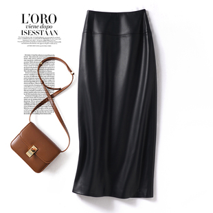 海宁真皮半身裙女高腰显瘦包臀裙秋季新款长裙绵羊皮直筒开叉裙子
