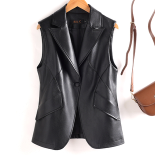 外套潮 皮衣西装 海宁真皮马甲女短款 西服一粒扣坎肩马夹绵羊皮无袖