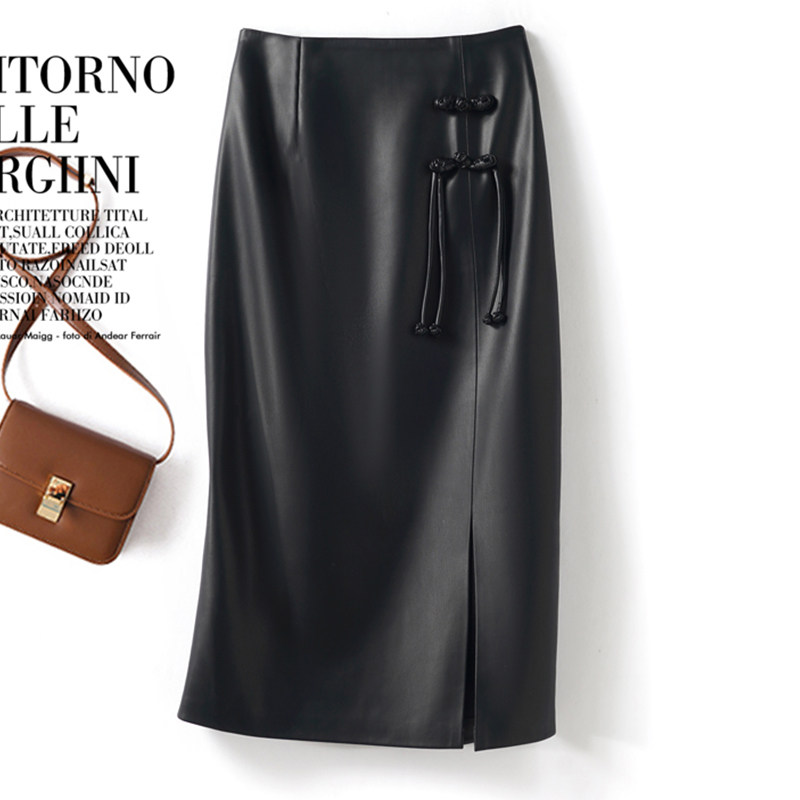 海宁新款真皮显瘦半身裙女高腰气质中长皮裙百搭时尚绵羊皮包臀裙