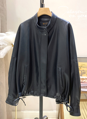 海宁真皮显瘦皮衣女士短款新款立领休闲百搭黑色宽松羊皮夹克外套