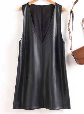 2025秋季新款海宁真皮马甲连衣裙女宽松显瘦羊皮A字皮裙V领背心裙