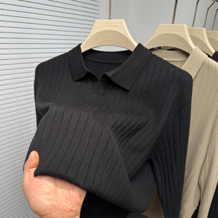 极简风亲肤海鸥领竖条纹针织衫男修身长袖毛衣休闲打底衫老钱风潮