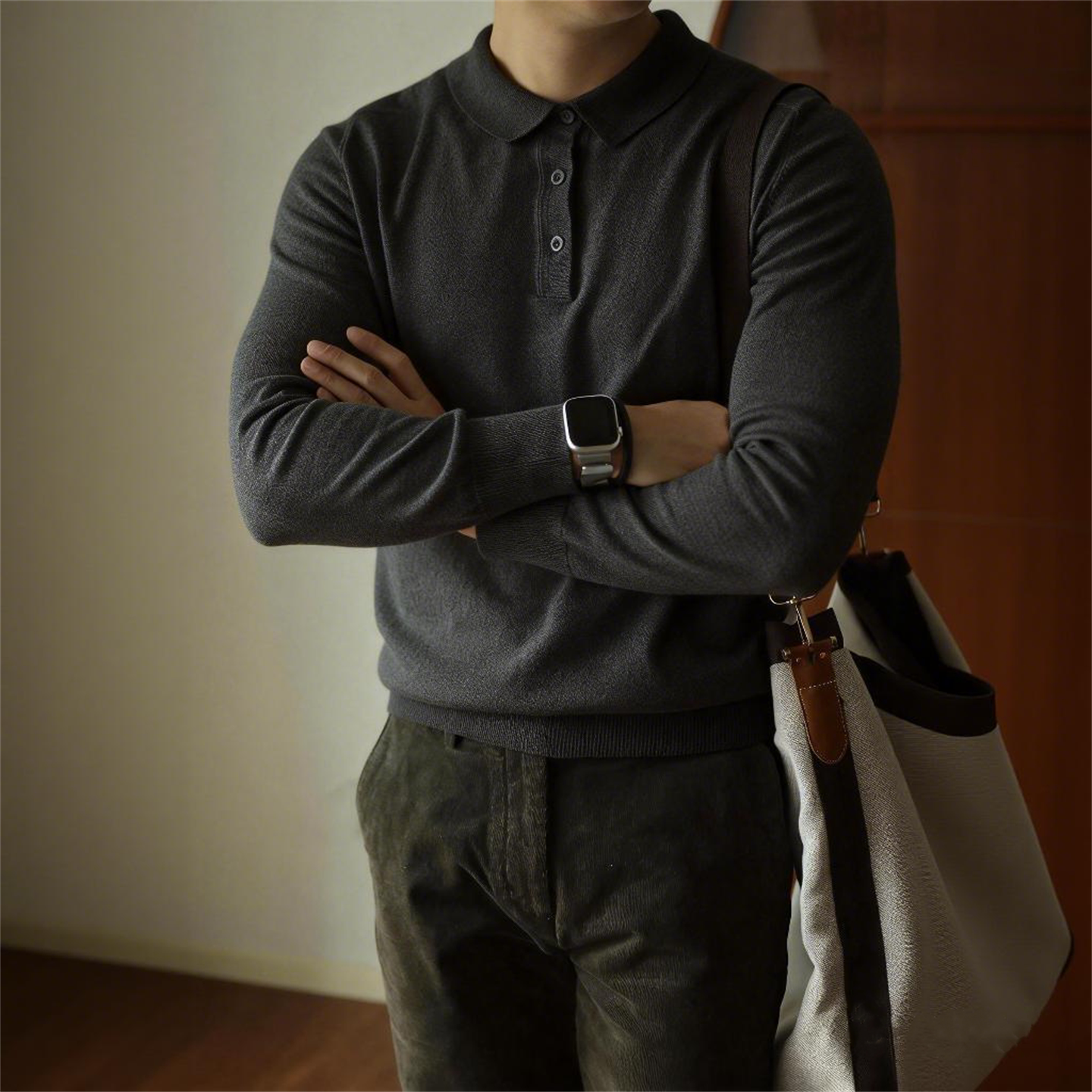 极简风百搭修身翻领针织衫男长袖套头POLO衫深灰色内搭老钱风保暖