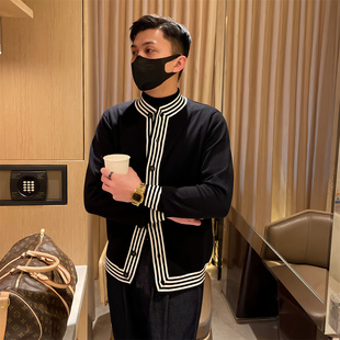 春季轻熟风针织衫男修身毛衣v领韩版潮流个性单排扣撞色开衫外套