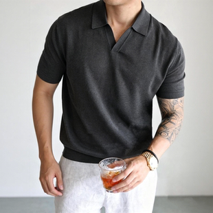 美式通勤风翻领POLO针织衫男短袖商务休闲修身翻领老钱风透气V领