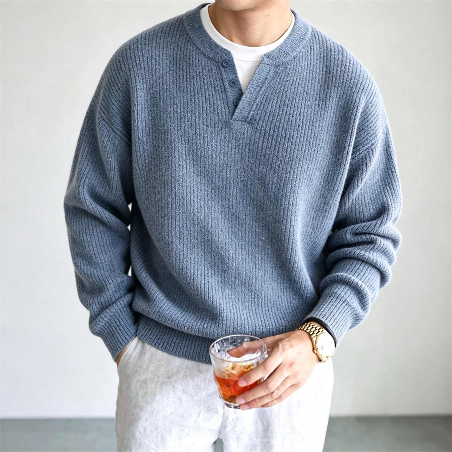 老钱风假两件V领针织衫男蓝色保暖休闲毛衣松弛感日系男士穿搭潮