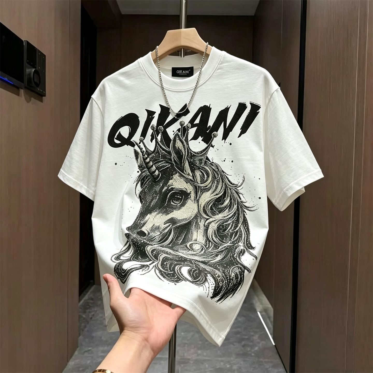 潮流独角兽烫钻满天星印花短袖纯棉T恤男白色圆领百搭轻奢休闲男图片