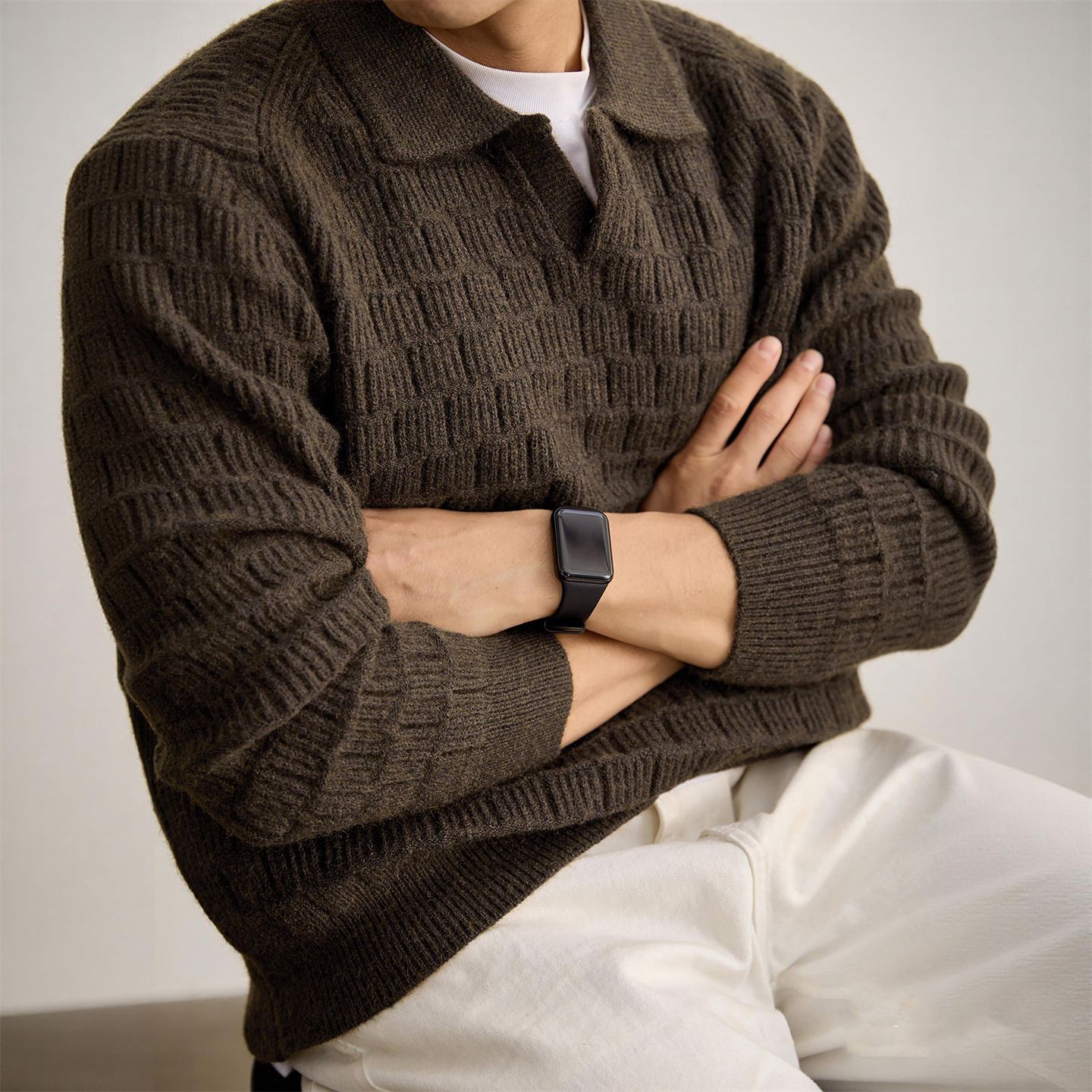 极简风翻领针织衫男冬季绞花纹理套头老钱风毛衣保暖男士POLO领潮