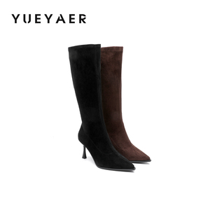 月芽儿2025新款 高跟长靴女细跟高筒靴子绒面女士骑士靴长靴子 冬季