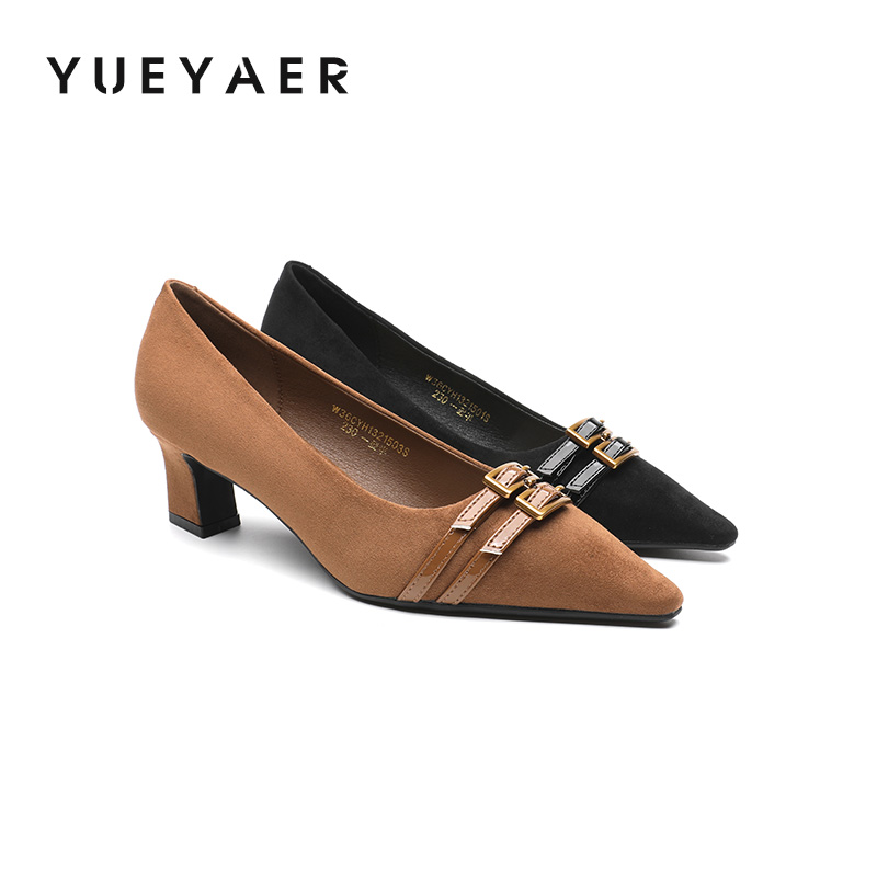 月芽儿皮带扣高跟鞋复古尖头粗跟气质法式单鞋女2025秋季新款女鞋
