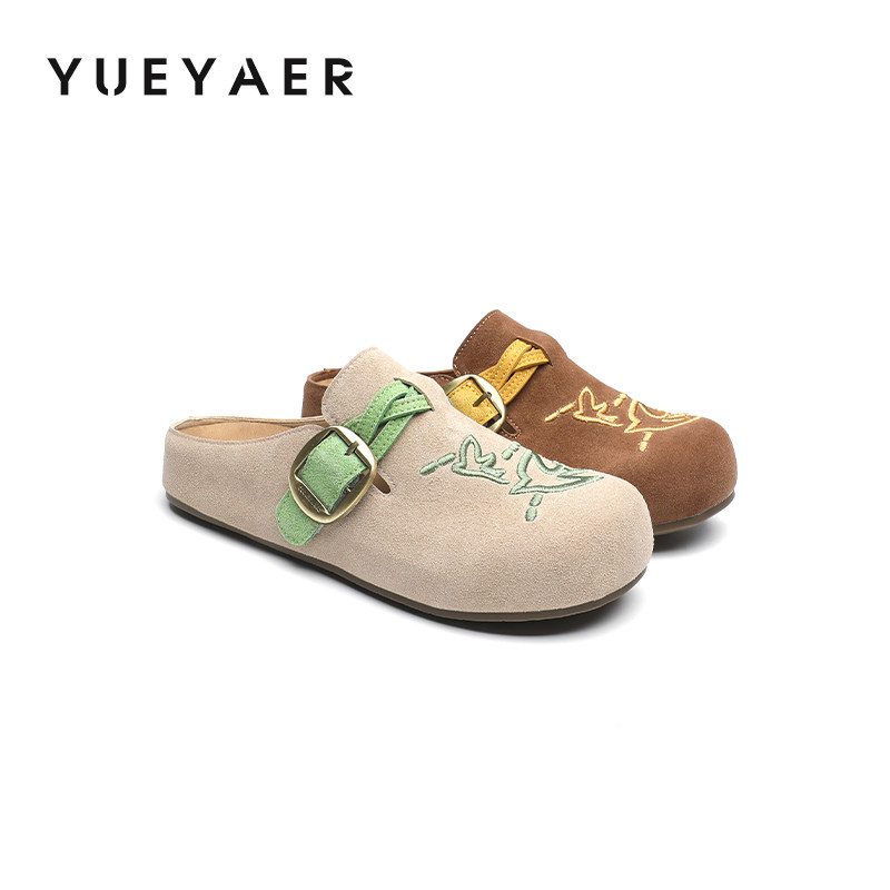 月芽儿厚底勃肯鞋女款2026新款夏季外穿内增高包头半拖鞋刺绣鞋子