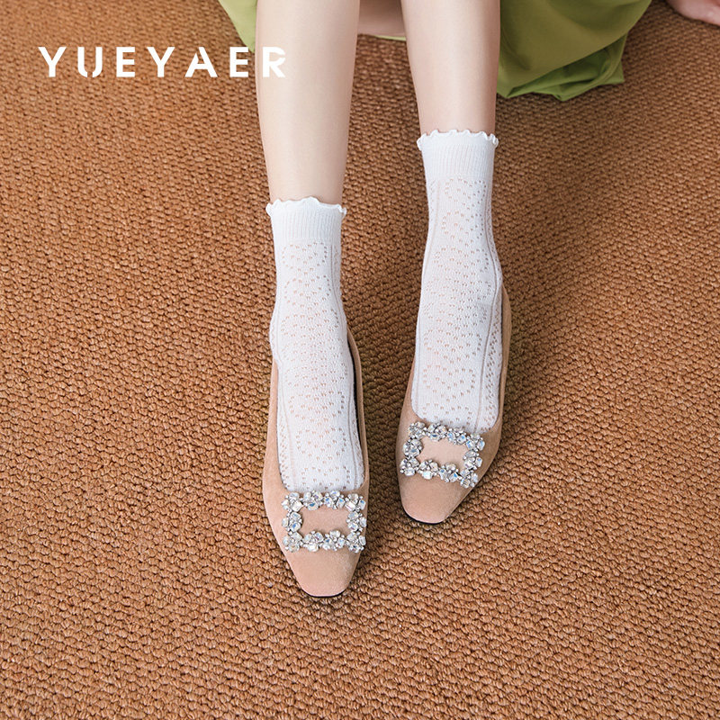 月芽儿法式单鞋2025年秋季新款女鞋绒面水钻方扣一脚蹬百搭平底鞋,女鞋,浅口单鞋,淘宝优惠券,粉丝福利购,淘宝优惠卷