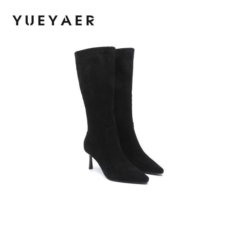 月芽儿长筒靴女2025冬季新款加绒靴时尚绒面高筒靴细跟尖头骑士靴