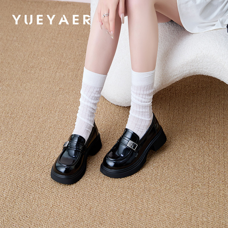 月芽儿黑色厚底乐福鞋女春季2025新款英伦风皮鞋亮面一脚蹬单鞋子,女鞋,乐福鞋（豆豆鞋）,淘宝优惠券,粉丝福利购,淘宝优惠卷