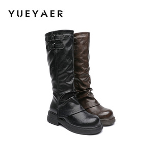 月芽儿厚底长筒靴女2025冬季新款美拉德复古骑士靴百搭靴子女鞋子
