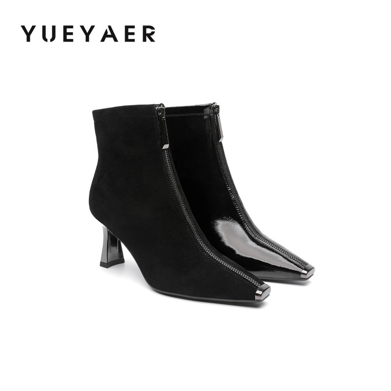 月芽儿2025新款时尚百搭细跟时装靴女通勤短筒靴高跟前拉链短靴子