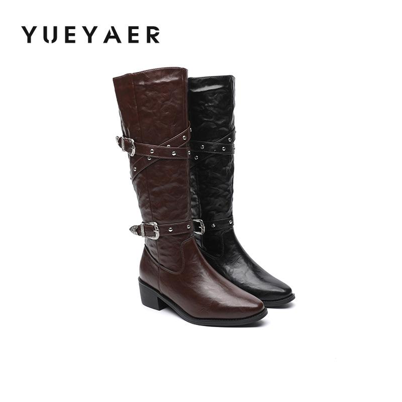 月芽儿复古粗跟长筒靴英伦风