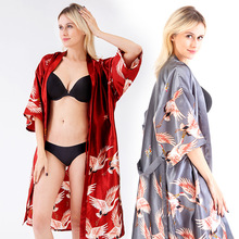 睡袍女薄款夏季冰丝长袖浴袍仙鹤睡衣红色结婚伴娘婚礼晨袍女新娘