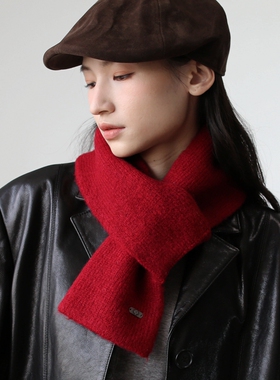 韩系简约百搭懒人针织交叉穿孔围巾短款羊毛混纺绒感护颈保暖围脖