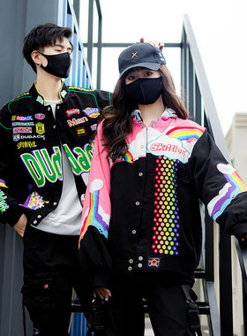 杜戴克dudack2020新款潮牌男女外套宽松棒球服棉衣秋冬彩虹夹克