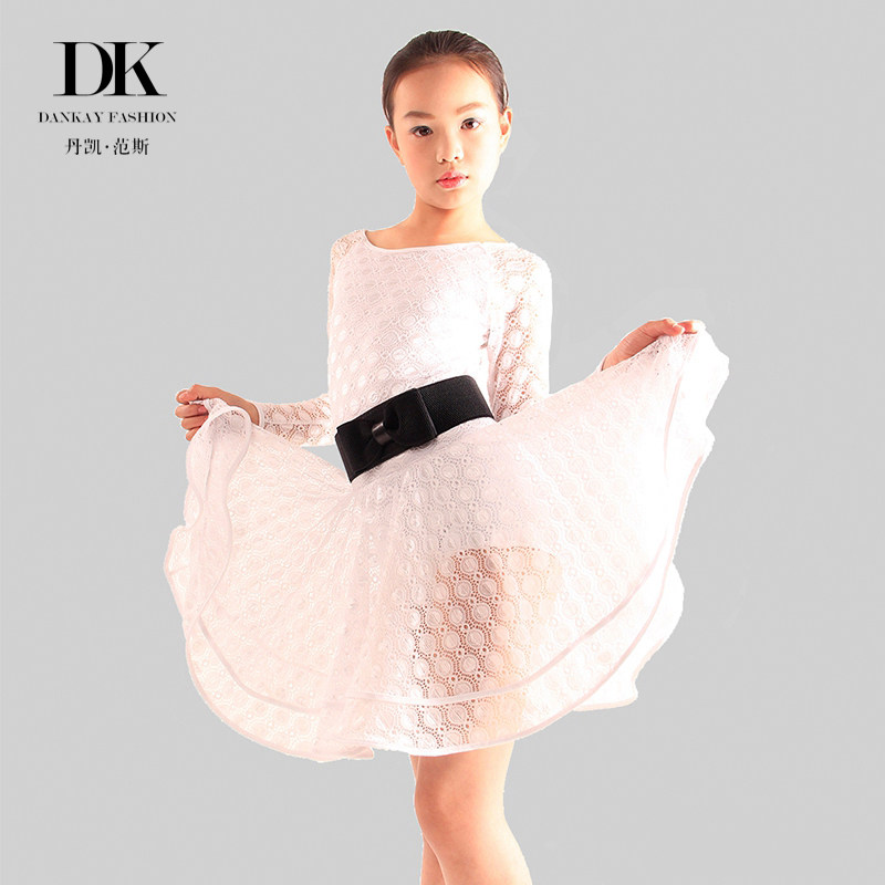 特价丹凯儿童拉丁舞服装女童长袖提花连衣裙少儿舞蹈练功服演出服
