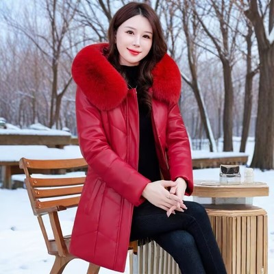 海宁加绒皮衣女中长款冬季妈妈装皮衣加厚皮棉服中年真皮棉衣外套