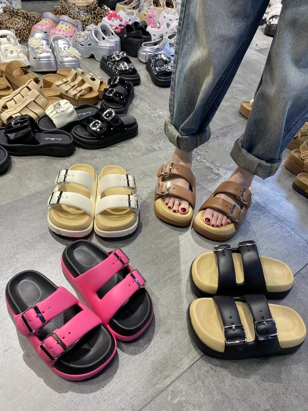 欧洲站外穿厚底凉拖鞋女双扣带夏一字拖