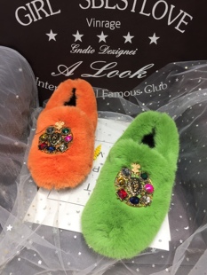 2021秋季新款水钻浅口毛毛鞋彩色保暖鞋加绒厚底瓢鞋平底软棉鞋潮